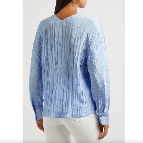 NEW! Vince Crinkled Satin Long Sleeve Double V-Neck Blouse Blue XS - Picture 3 of 16